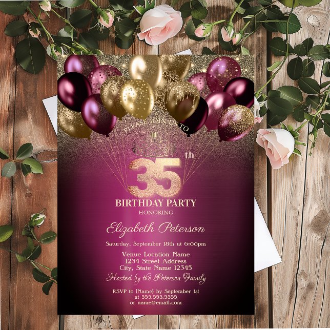 Burgundy Balloons Glitter 35th Birthday Invitation (Creator Uploaded)