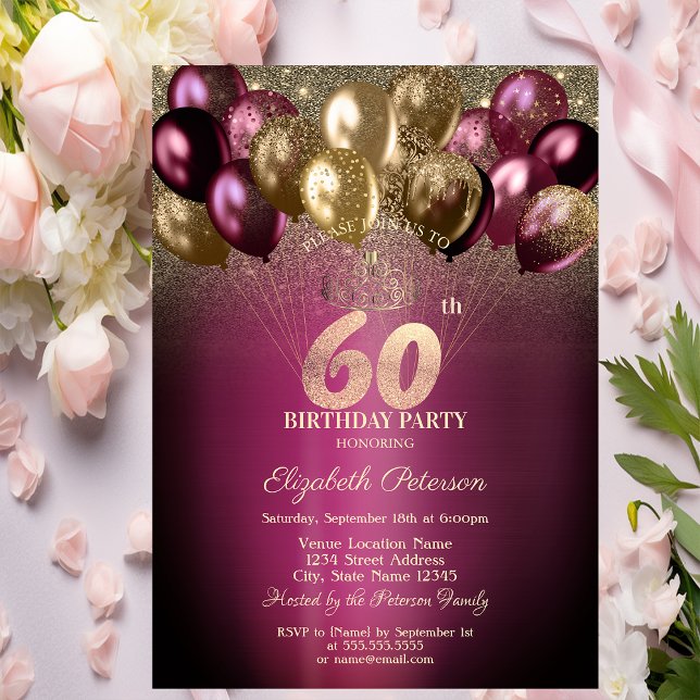 Burgundy Balloons Glitter 60th Birthday Invitation (Creator Uploaded)