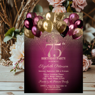 Burgundy Balloons Glitter 75th Birthday Invitation