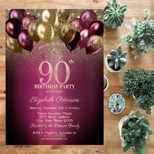 Burgundy Balloons Glitter 90th Birthday Invitation