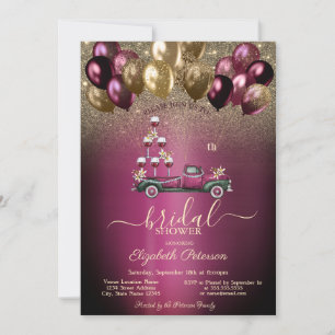 Burgundy Balloons Wine Truck Glitter Bridal Shower Invitation