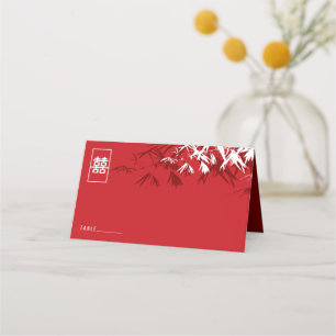 Burgundy Bamboo Leaves Double Xi Chinese Wedding Place Card
