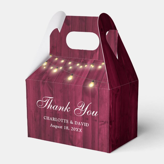 Burgundy Barn Wood String Lights Wedding Favour Box (Front Side)