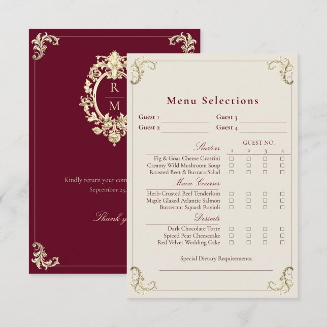 Burgundy Baroque Wedding Menu Selection Card (Front/Back)