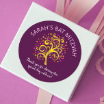 Burgundy Bat Mitzvah Gold Foil Tree of Life Modern Classic Round Sticker<br><div class="desc">Be proud, rejoice and showcase this milestone of your favourite Bat Mitzvah! Use this fun, sophisticated, personalised sticker to add to her special day. A stunning, graphic faux gold foil tree with sparkly pink, orange, and red Star of David and dot “leaves” overlays a rich purple burgundy background. Personalise the...</div>