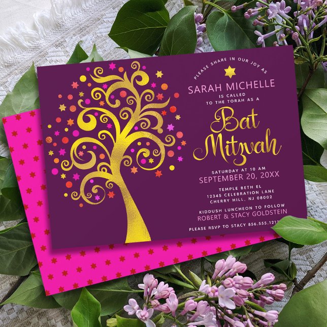 Burgundy Bat Mitzvah Modern Gold Foil Tree of Life Invitation (Creator Uploaded)