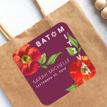 Burgundy Bat Mitzvah Red Floral Watercolor Modern  Square Sticker<br><div class="desc">Be proud, rejoice and celebrate this milestone of your favourite Bat Mitzvah! Use this sophisticated, chic, stunning, floral watercolor with modern san serif type against a burgundy background sticker to add to her special day. Personalise the custom text with her name and date of event. Guaranteed to add stylish fun...</div>