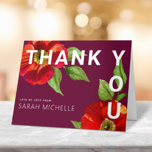 Burgundy Bat Mitzvah Red Floral Watercolor Modern Thank You Card