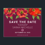 Burgundy Bat Mitzvah Save Date Floral Watercolor Invitation Postcard<br><div class="desc">Make sure all your friends and relatives will be able to celebrate your daughter’s milestone Bat Mitzvah! Send out this chic, stunning, red floral watercolor with modern san serif type against a burgundy background, personalised “Save the Date” announcement postcard. Personalise the custom text with your Bat Mitzvah’s name and date....</div>