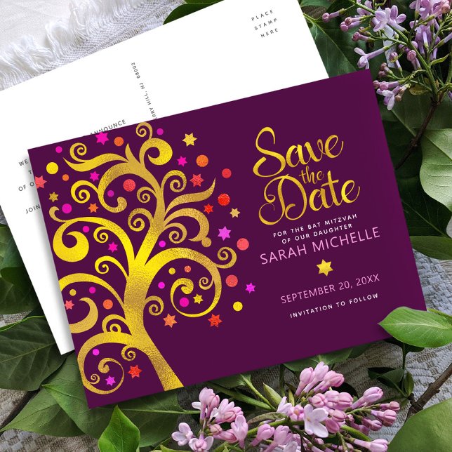  Burgundy Bat Mitzvah Save Date Gold Tree of Life Invitation Postcard (Creator Uploaded)