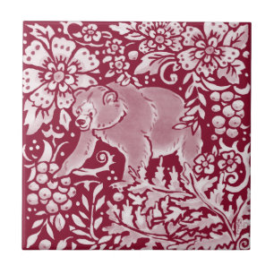 Burgundy Bear Woodland Forest Animal Floral Ceramic Tile