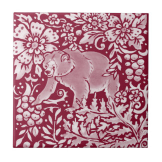 Burgundy Bear Woodland Forest Animal Floral Ceramic Tile