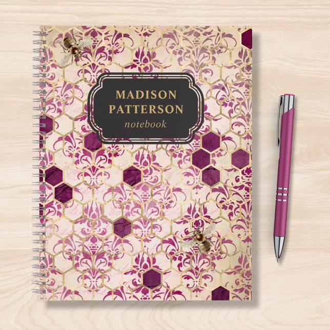 Burgundy Bee Damask Girly Chic Modern Name Notebook (Creator Uploaded)