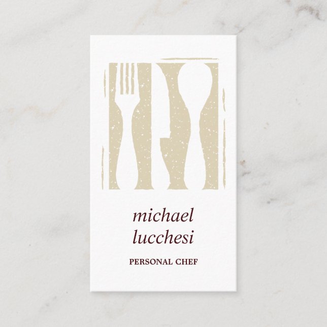 Burgundy Beige Cutlery | Chef Catering  Restaurant Business Card (Front)