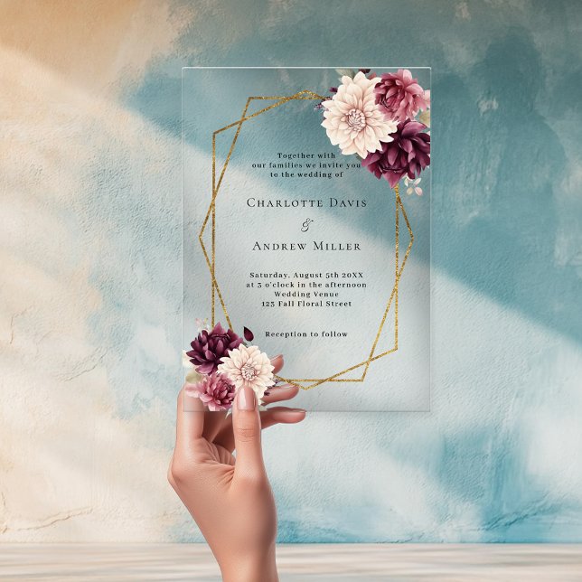 Burgundy beige florals geometric clear wedding acrylic invitations (Creator Uploaded)