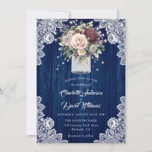 Burgundy Beige Navy Blue Mason Jar Floral Wedding Invitation (Front)