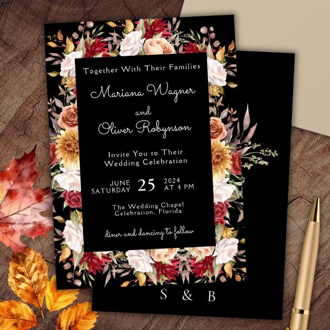 Burgundy Beige on Black Fall Floral Wedding Invitation (Creator Uploaded)