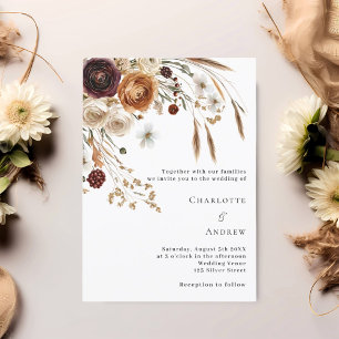 Burgundy beige pampas florals luxury wedding invitation