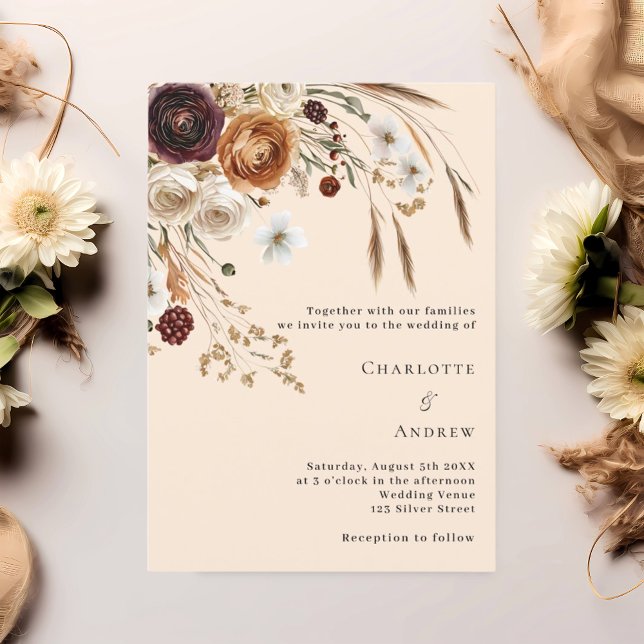 Burgundy beige pampas florals wedding invitation (Creator Uploaded)