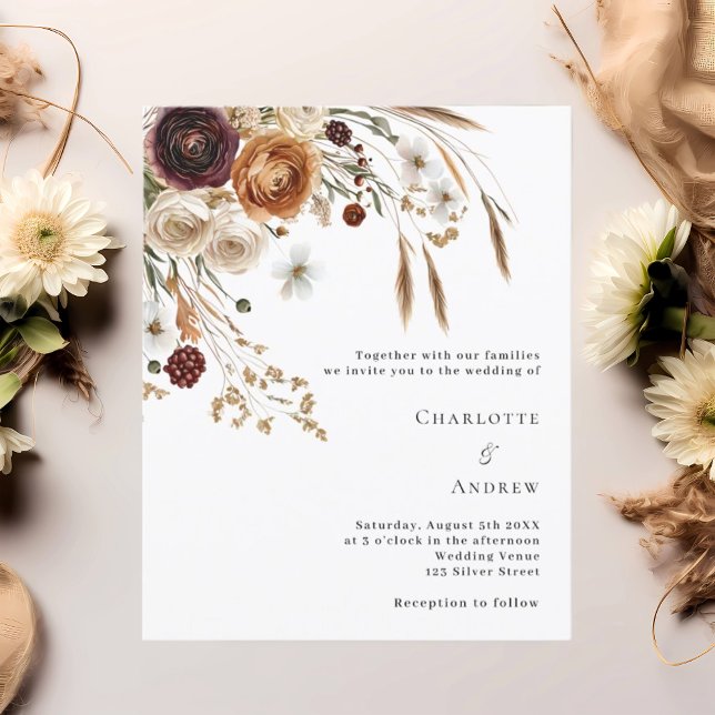 Burgundy beige pampas florals wedding invitation (Creator Uploaded)