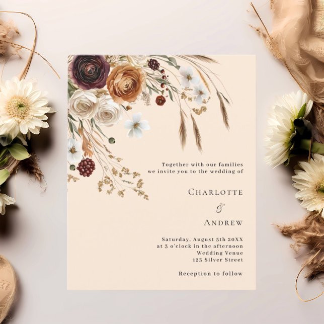 Burgundy beige pampas florals wedding invitation (Creator Uploaded)