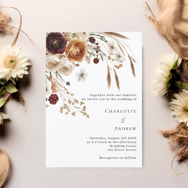 Burgundy beige pampas florals wedding invitation (Creator Uploaded)
