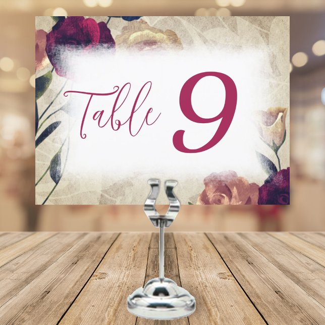 Burgundy & Beige Roses Wedding Table Number Sign (wedding reception table number sign, burgundy calligraphy script, red, beige, teal roses)