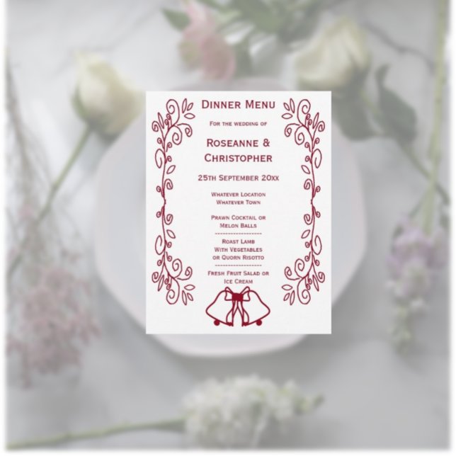 Burgundy Bells Scrollwork Design Wedding Menu (Burgundy wedding dinner menu bells and scrollwork design)