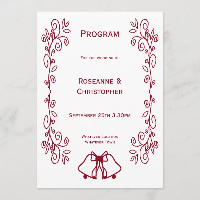 Burgundy Bells Scrollwork Design Wedding Program (Front)