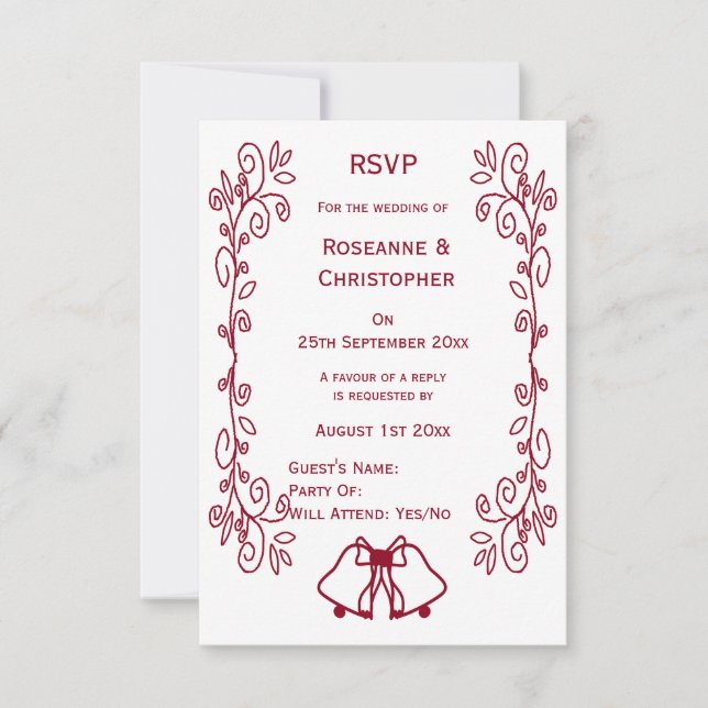 Burgundy Bells Scrollwork Design Wedding RSVP Card (Front)