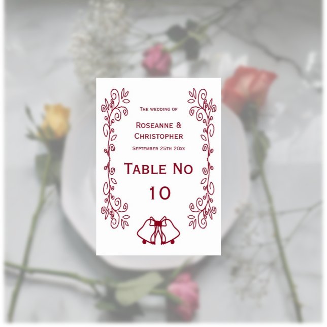 Burgundy Bells Scrollwork Design Wedding Table Number (Burgundy wedding dinner table number card bells and scrollwork design)