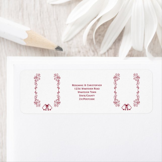 Burgundy Bells Scrollwork Wedding Return Address Label (Insitu)