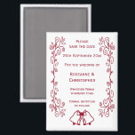 Burgundy Bells Scrollwork Wedding Save The Date Magnet<br><div class="desc">Wedding save the date magnet bells design. Customise this red wedding save the date magnet with your wedding details. Should you require any help with customising then contact us through the link on this page. Burgundy coloured bells design personalised wedding save the date magnet</div>