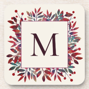 Burgundy Berries & Autumn Leaves Monogram Coaster