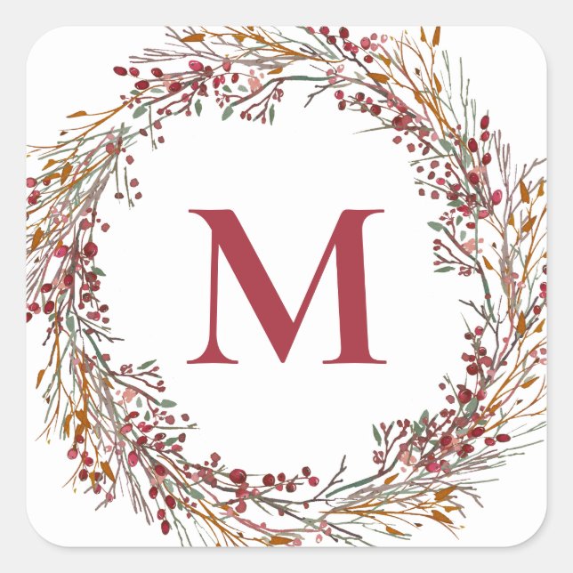 Burgundy Berries Wreath Monogram Holiday Square Sticker (Front)