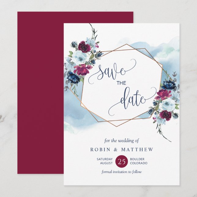 Burgundy, Berry and Blue Floral Wedding Save The Date (Front/Back)