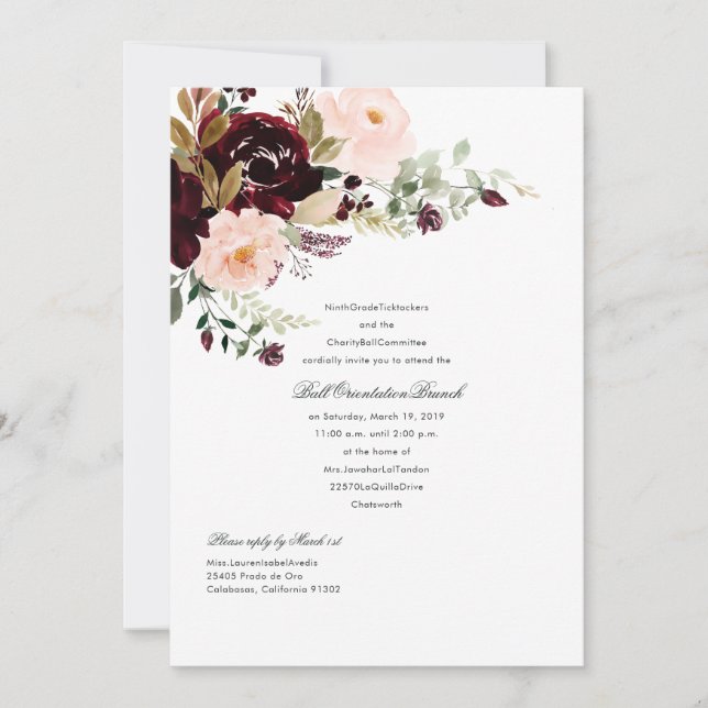 Burgundy Berry and Blush Floral Ball Invitation (Front)