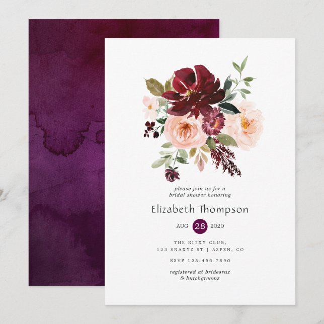 Burgundy Berry and Blush Floral Bridal Shower Invitation (Front/Back)