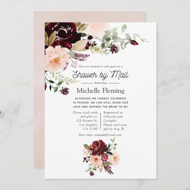 Burgundy Berry and Blush Floral Shower by Mail Invitation (Front/Back)