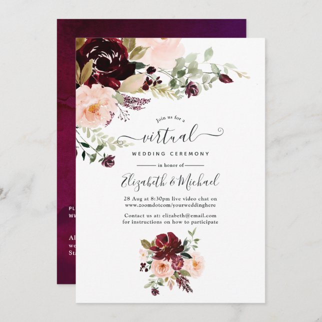 Burgundy Berry and Blush Floral Virtual Wedding Invitation (Front/Back)