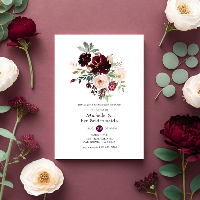 Burgundy Berry & Blush Floral Bridesmaids Luncheon Invitation (Creator Uploaded)