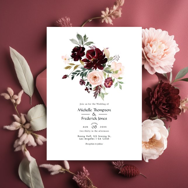 Burgundy Berry & Blush Floral Wedding Invitation (Creator Uploaded)