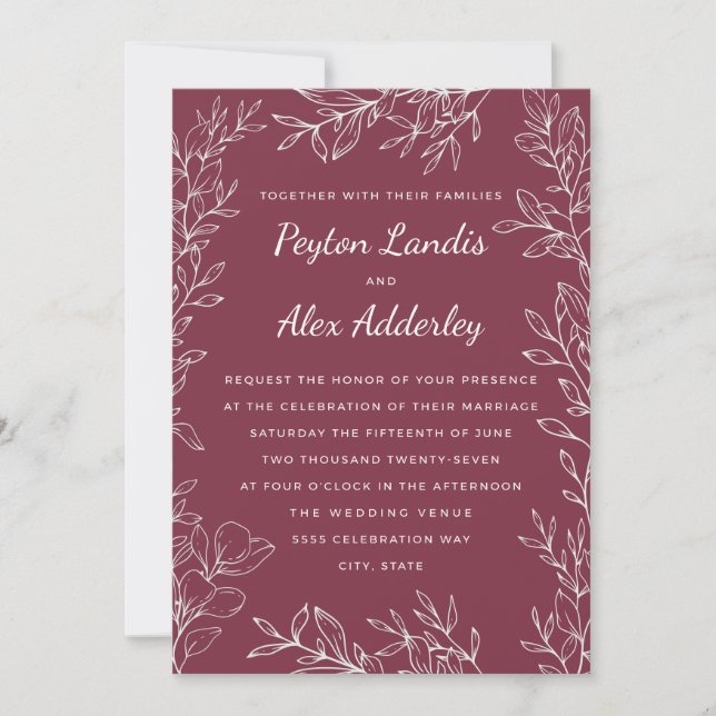 Burgundy Berry Botanical Line Art Wedding  Invitation (Front)