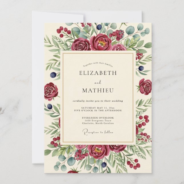 Burgundy Berry Botanical Wedding Invitation (Front)