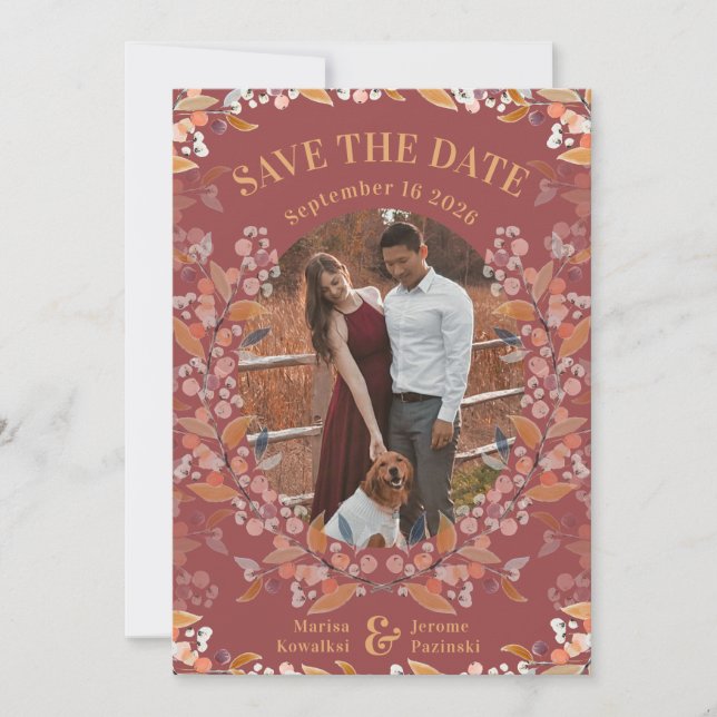 Burgundy Berry Gold Framed Photo Save the Date Holiday Card (Front)