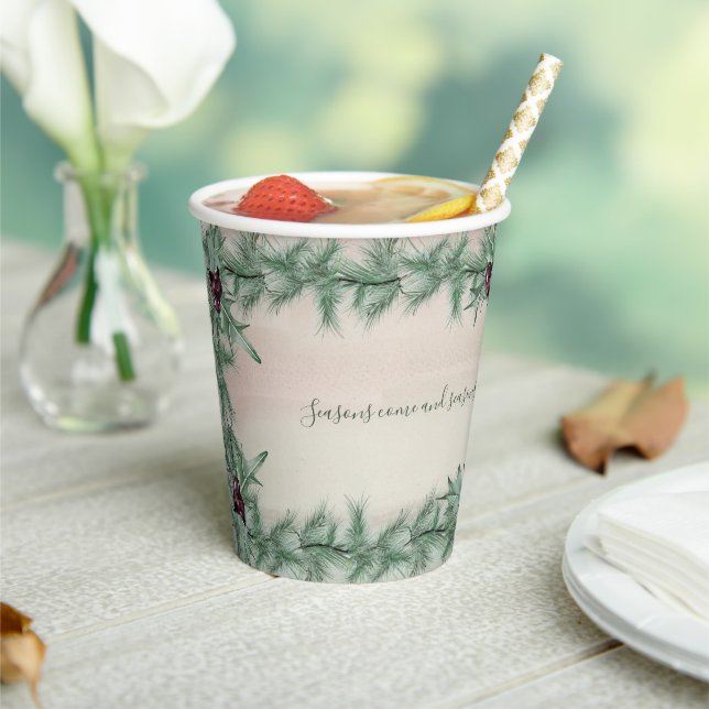 Burgundy Berry Holly Pine Christmas Paper Cups (Insitu)