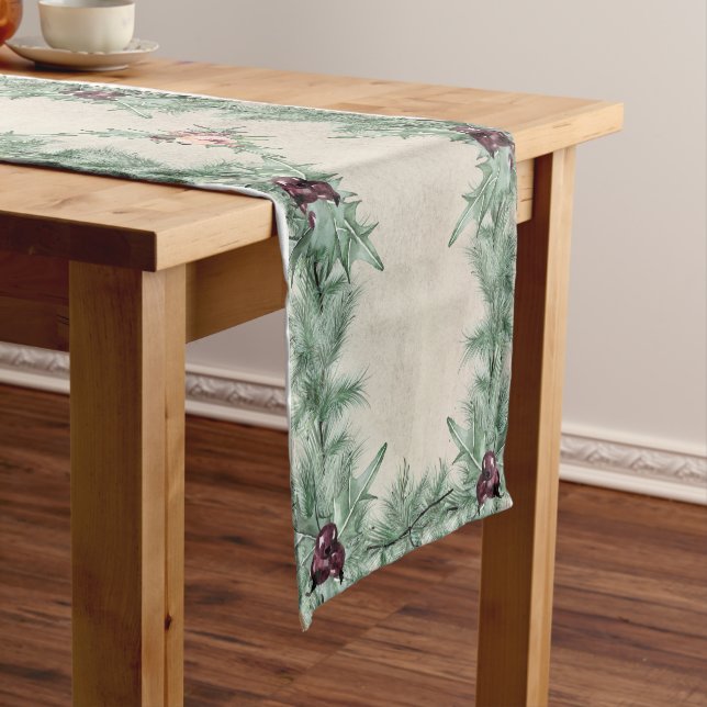 Burgundy Berry Holly Pine Christmas Short Table Runner (In Situ)