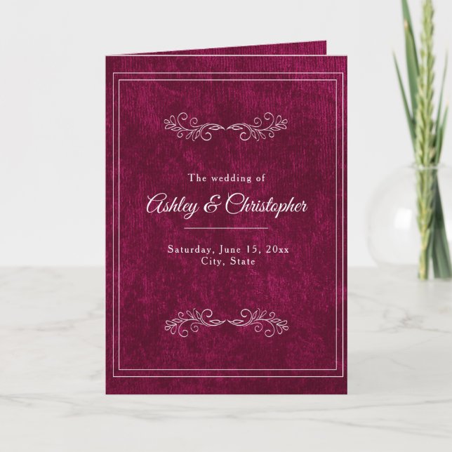 Burgundy Berry Velvet White Folded Wedding Program (Front)