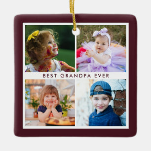 Burgundy Best Grandpa Ever 4 Photo Christmas Ceramic Ornament