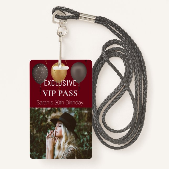 Burgundy Birthday Party Photo Custom Pass VIP ID Badge (Front with Lanyard)